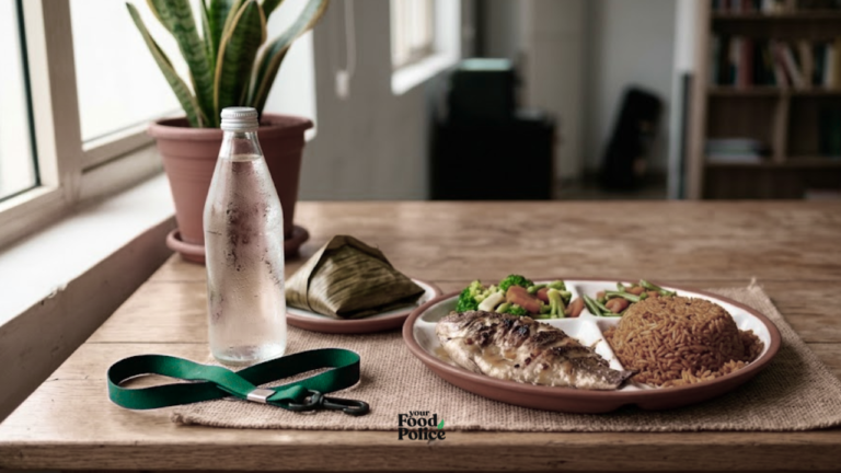 Side view of a jollof rice and fish lunch tray on an office table with a lanyard for corporate wellness.