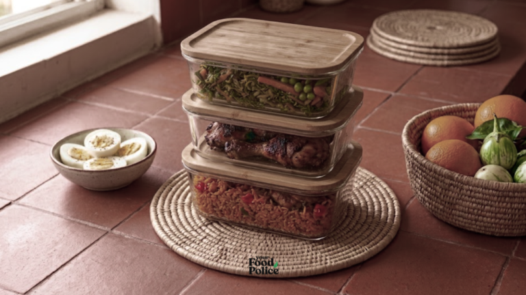Tiled counter with stacked glass containers of jollof rice, chicken, and greens, showing meal prep for a busy schedule