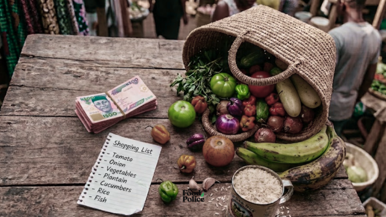 High-angle of fresh Nigerian vegetables, rice, bananas, and Naira notes on a wooden market table purchased using market hacks