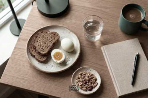 Flat lay of eggs and toast on a desk beside a notebook before a morning meeting