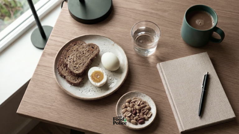 Flat lay of eggs and toast on a desk beside a notebook before a morning meeting