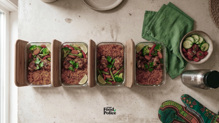 Flat-lay of jollof rice and grilled chicken meal prep containers on a kitchen counter