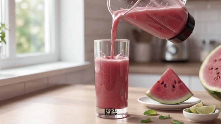 Pour of fresh watermelon smoothie from a blender into a tall glass with a side of sliced fruit and lime wedges.