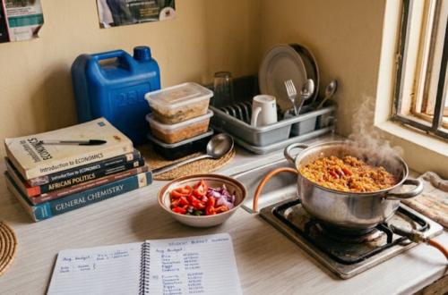 Eye-level view of an open budget notebook next to textbooks, with rice cooking, relevant to a student allowance