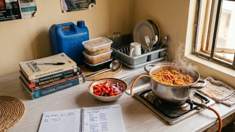 Eye-level view of an open budget notebook next to textbooks, with rice cooking, relevant to a student allowance