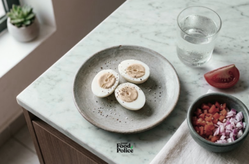 Overhead angle of three halved hard-boiled eggs with pepper and salt on a ceramic plate, surrounded by diced vegetables and a water glass.
