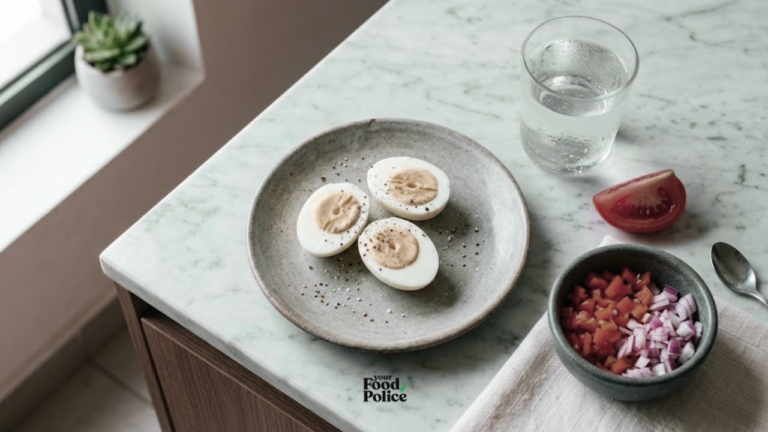 Overhead angle of three halved hard-boiled eggs with pepper and salt on a ceramic plate, surrounded by diced vegetables and a water glass.