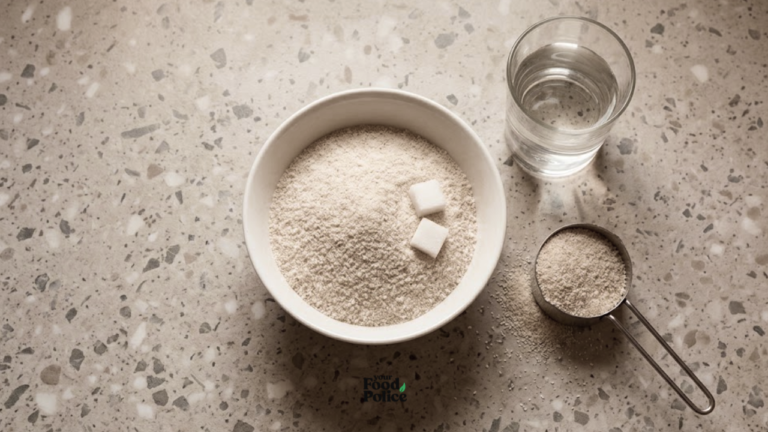 Overhead flat-lay of a white bowl filled with garri granules and sugar cubes, next to a glass of water and a measuring cup.