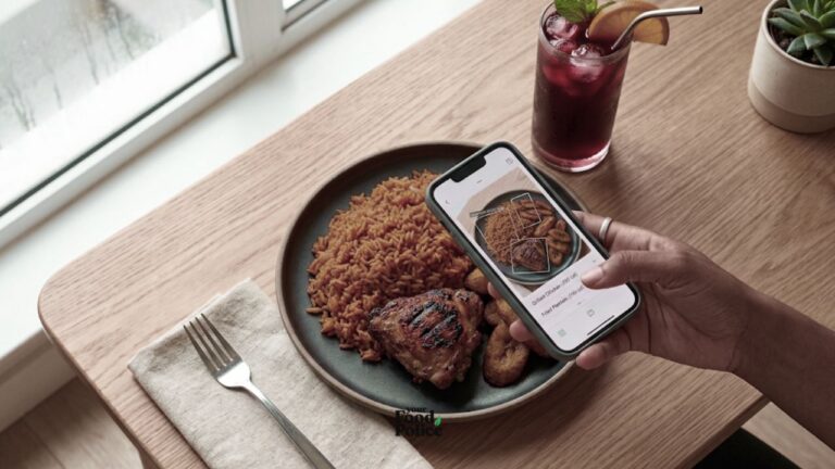 Overhead view of a phone showing an AI food tracking app identifying a plate of Jollof rice and grilled chicken.