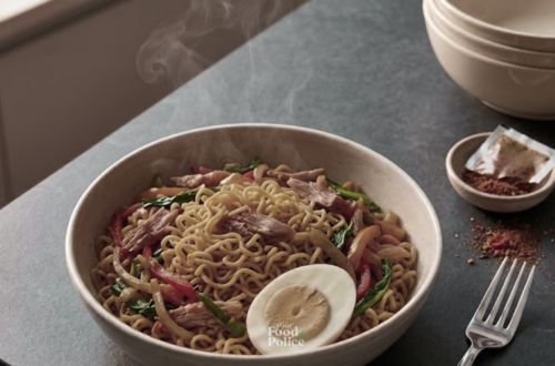 Overhead shot of Indomie with vegetables and a hard-boiled egg next to a fork on a stone counter