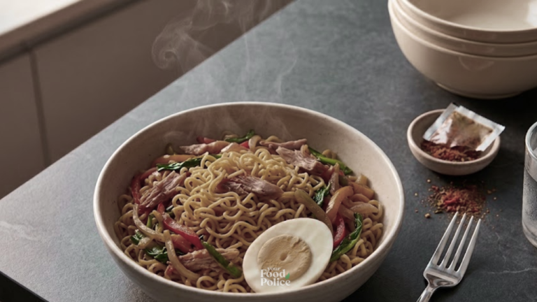 Overhead shot of Indomie with vegetables and a hard-boiled egg next to a fork on a stone counter