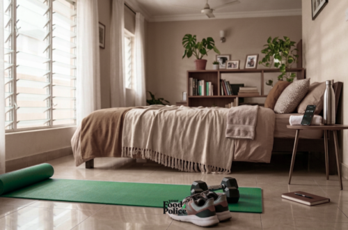 Pair of dumbbells, running shoes, and a rolled-up mat ready for home exercises