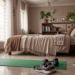 Pair of dumbbells, running shoes, and a rolled-up mat ready for home exercises