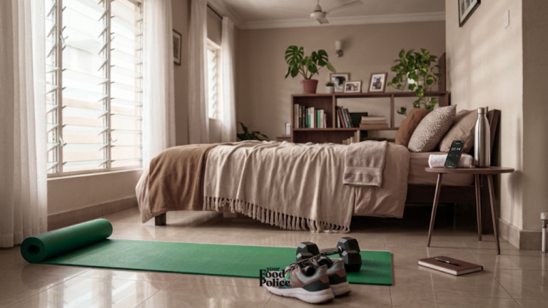 Pair of dumbbells, running shoes, and a rolled-up mat ready for home exercises