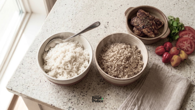 Overhead view of bowls of white and brown rice next to grilled fish and scotch bonnet peppers